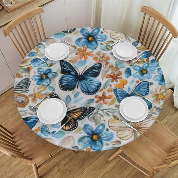 Shangniulu Blue Butterfly Round Tablecloth Flower Leaves Spring Summer Garden Nature Vividly Watercolor Table Cloth Polyester Tablecloths for Home Decor, Parties, Picnic White