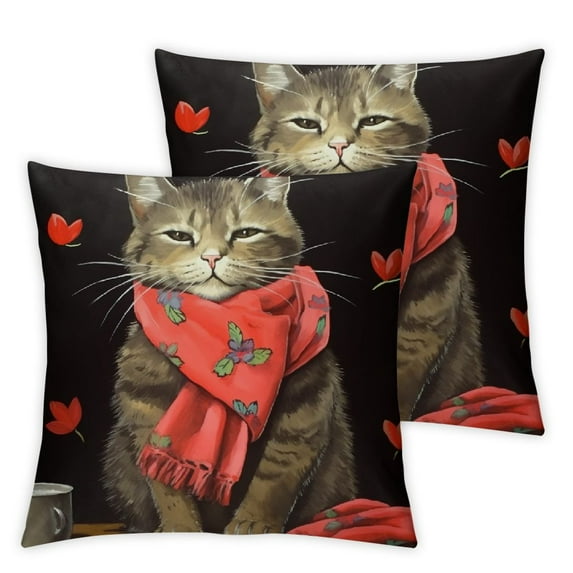 Shangniulu Cat Valentines Day Lumbar Pillow Covers Red Pink Hearts Sage Green Leaves Decorative Black Couch Pillow Cases with Zipper Set of 2 Valentine's Day Decor