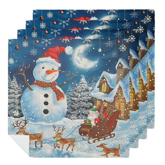 Shangniulu Christmas Scene Reindeer Snowman Cloth Napkins, Soft & Comfortable Polyester Dinner Napkin for Family, Restaurant, Weddings, Parties, Holiday Dinner 2 PCS
