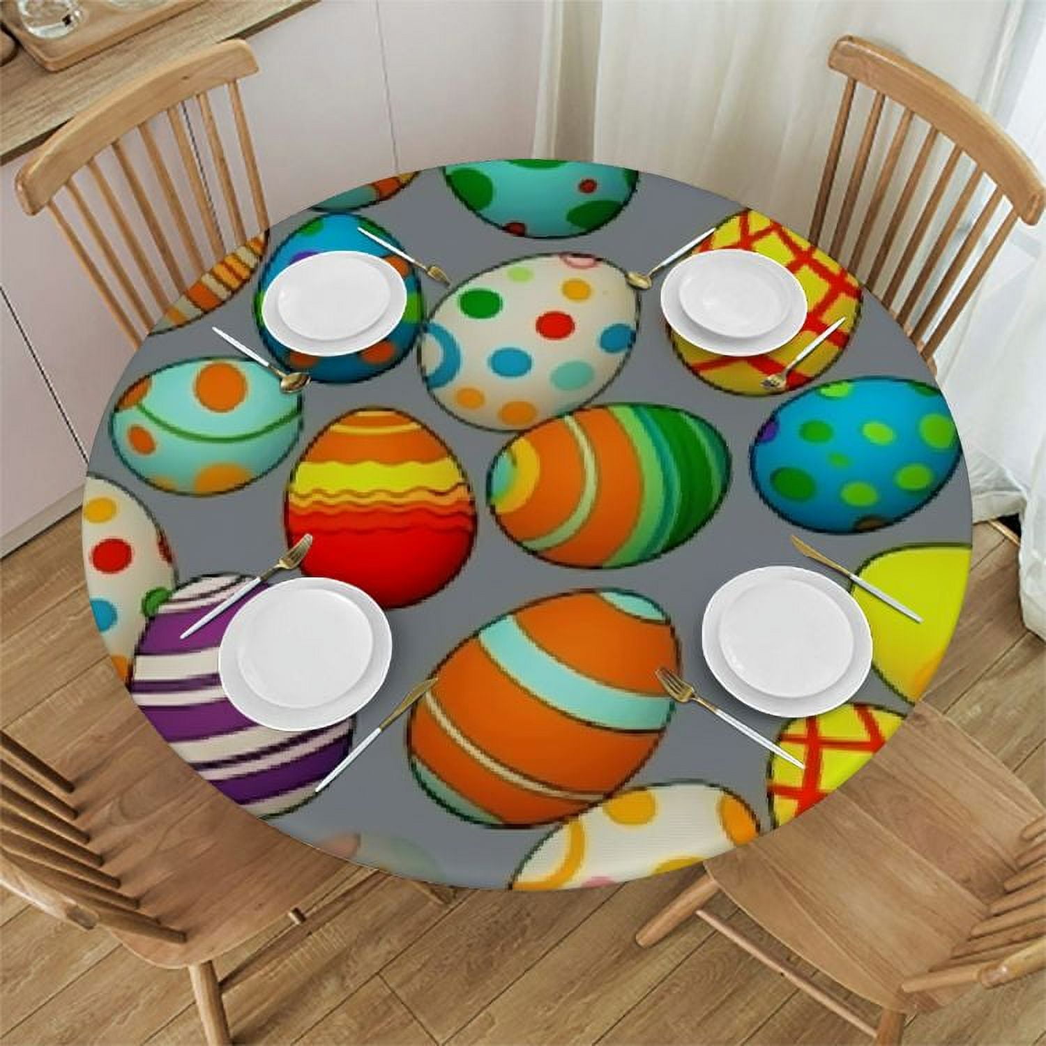 Shangniulu Colorful Easter Eggs Round Tablecloth, Fitted Round Table