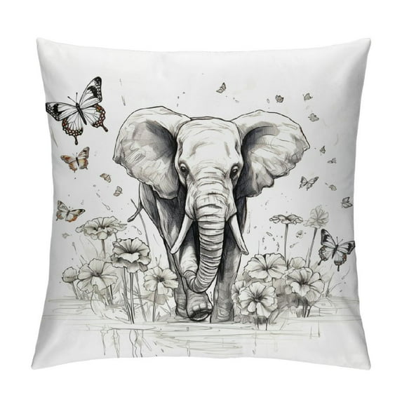 Shangniulu Elephant black and white flower butterfly pillowcase, animal flower line art design pillowcase, decorative pillowcase, suitable for home, sofa, office, 18x18 inches