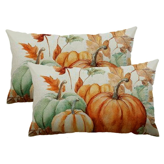 Shangniulu  Fall Decorative Throw Pillow Covers 12x20 Inch Set of 2, Watercolor Pumpkin Fallen Leaves Outdoor Farmhouse Pillow Cases for Home Sofa Couch-Green Orange 12x20inch