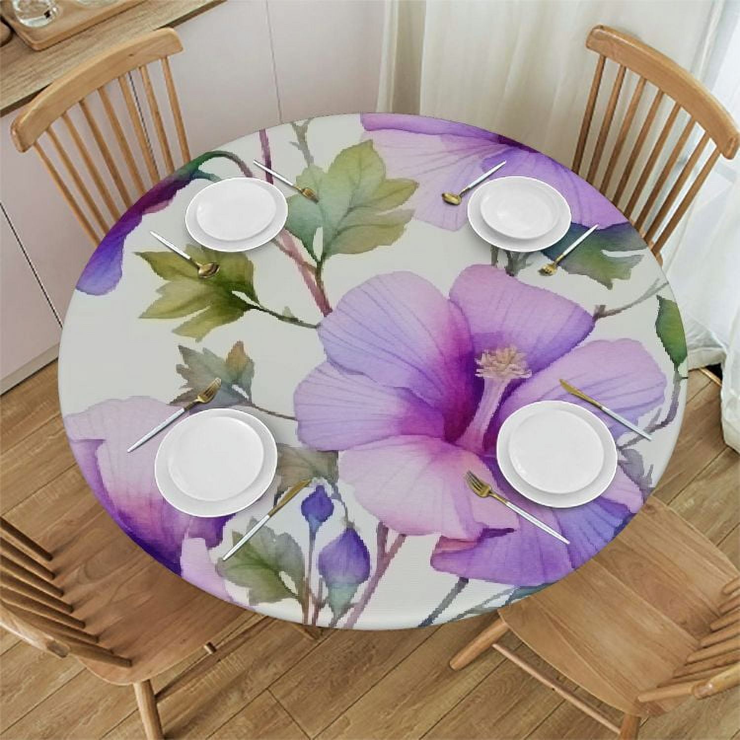 Shangniulu Fitted Round Tablecloth Lavatera Flowers,Pink Purple Flower ...