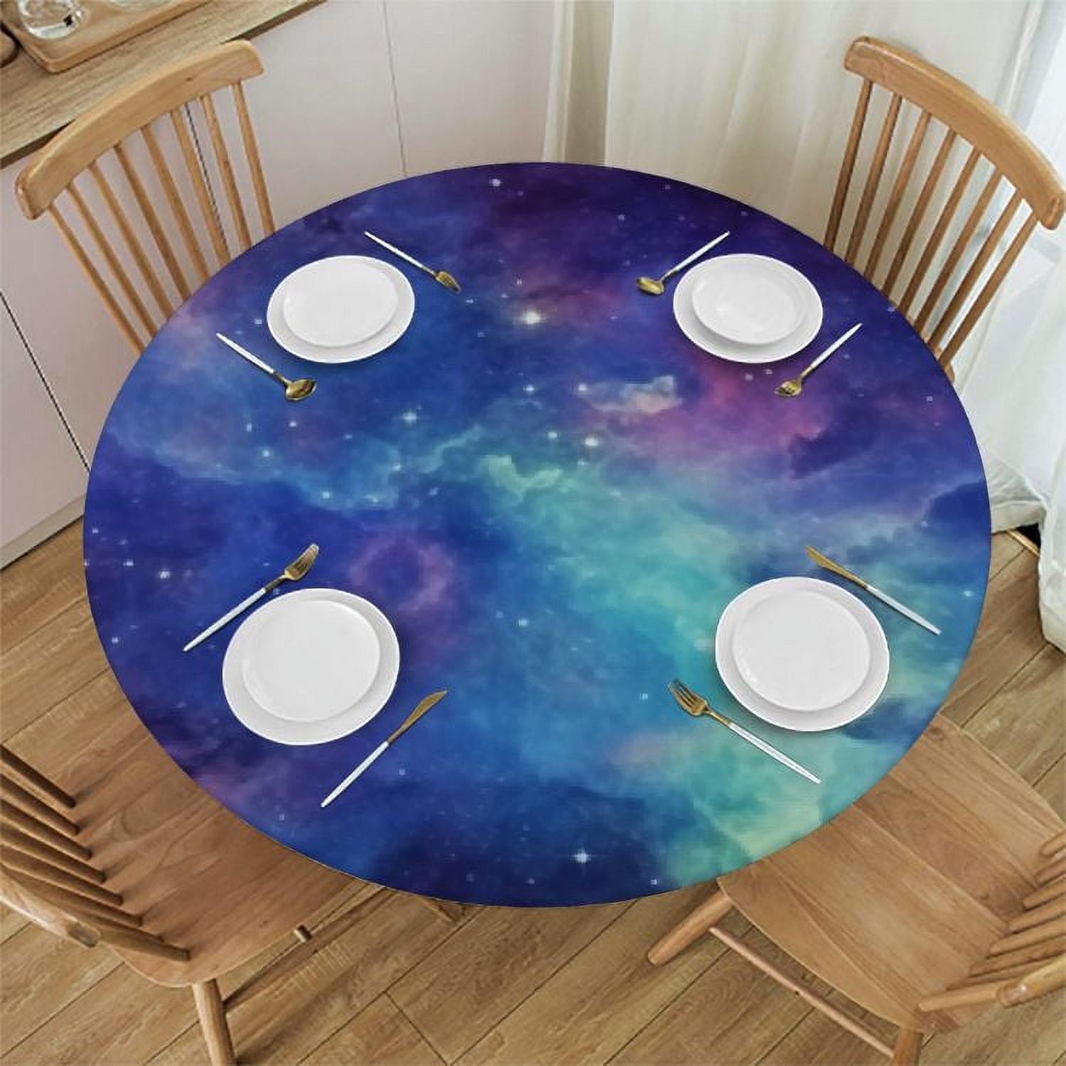 Galaxy Purple Round Tablecloth - 60 Inch Diameter Universe Stars Print For Dining & Parties
