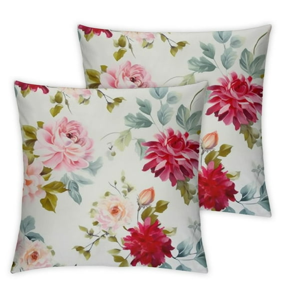 Shangniulu Green Floral Pink Throw Pillow Covers,Delicate Flowers Summer Decorative Pillow Covers Digital Printing Blended Fabric for Couch Sofa Bed Invisible Zipper White