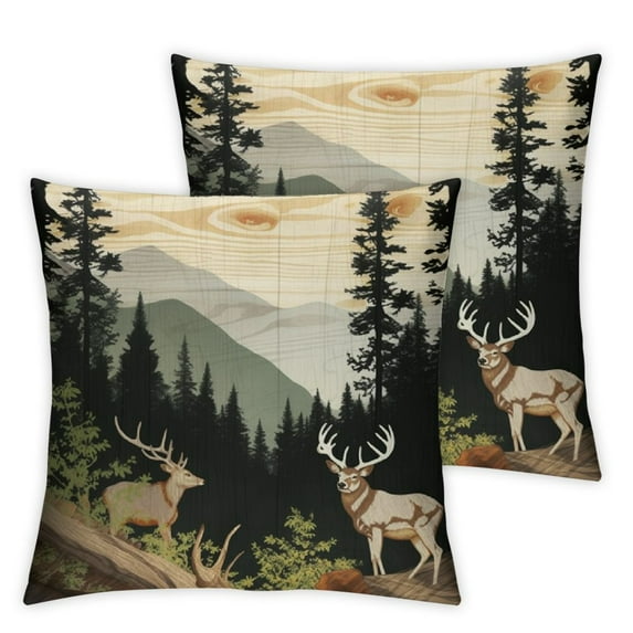 Shangniulu Hunting Deer Cushion Cases,Vintage Watercolor Mountain Pillow Covers Pack of 2,Rustic Bear Square Pillow Cases Soft,Wooden Throw Pillow Covers Living Room Bedroom Decorative