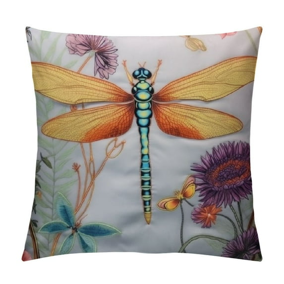 Shangniulu Lavender Purple Flower Reversible Print Pillow Cover,Dragonfly Wildlife Animal Decorative Cushion Cover,Natural Theme Couch Pillow Cover for Bed or Sofa,Single Pack