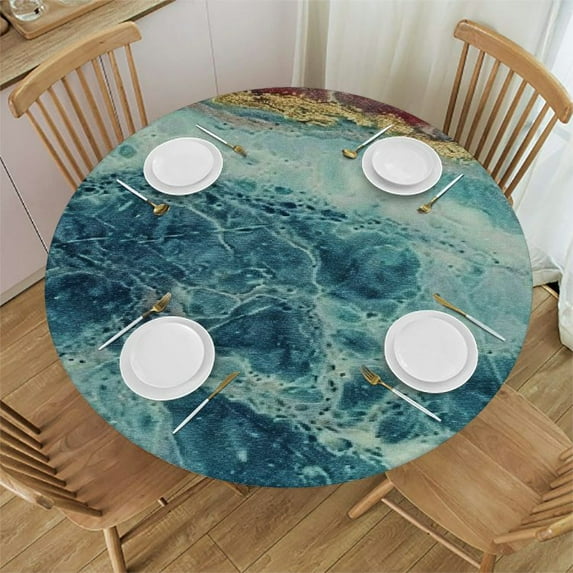Shangniulu Marble Polyester Round Fitted Table Cloths, Emerald Royal Blue Washable Spill Proof Table Cloth, for Indoor Outdoor Party Dinner Patio White