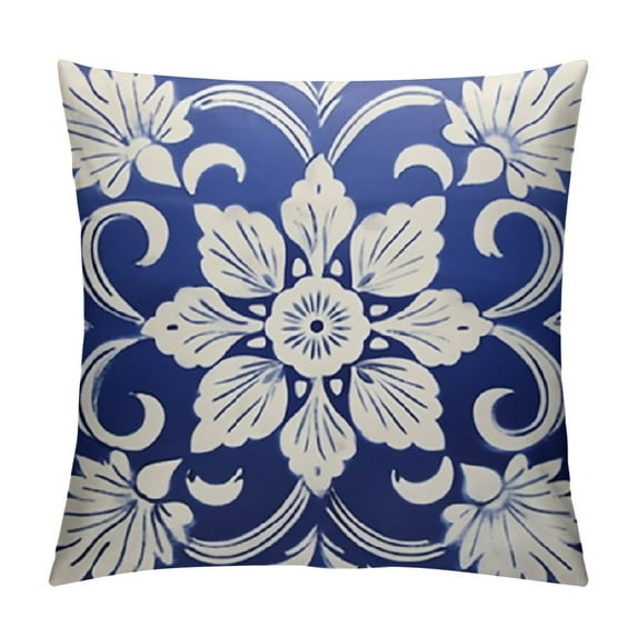 Shangniulu Moroccan Majolica Throw Pillow Covers Blue White Mexican Floral Square Pillowcases Cushion Cover for Room Sofa Chair Bed Home Decor