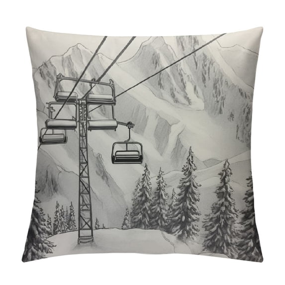 Shangniulu Mountain Ski Short Plush Throw Pillow Case Sketch White Wintertime Snow Landscape Resort Pillow Cushion Covers Home Sofa Decorative 18 X 18 Inch