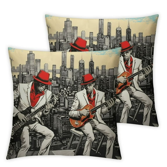 Shangniulu Music Throw Pillow Cushion Cover, Jazz Men Band Playing Beats in New York at Night Retro Style Illustration Print, Decorative Square Accent Pillow Case, 18" X 18", Red Black