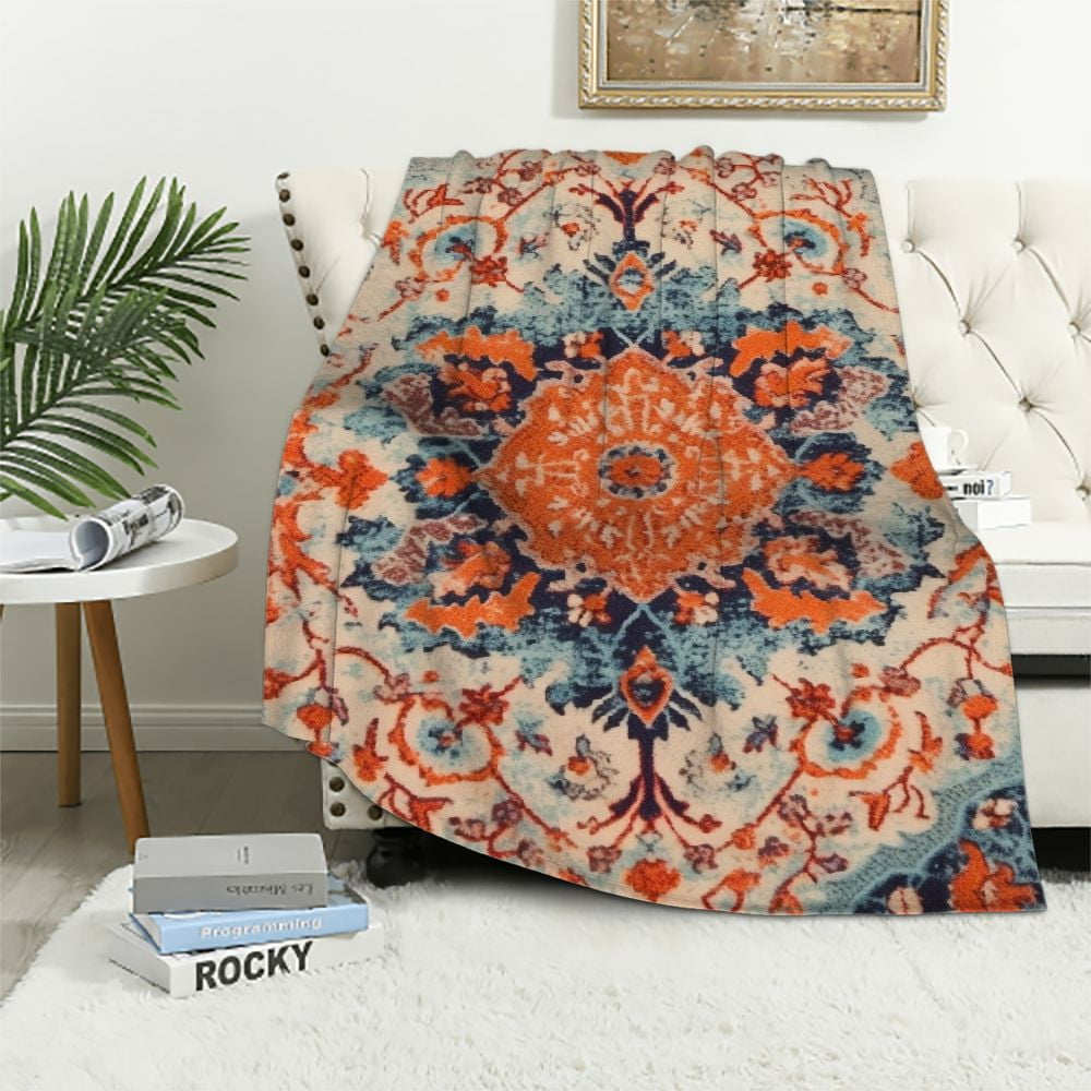 Shangniulu Orange Blue Boho Blanket Soft Flannel Lightweight Rust Teal Bohemian Throw Blanket Cozy Warm Vintage Aztec Carpet Blankets All Seasons