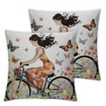 thumbnail image 1 of Shangniulu Outdoor Throw Pillow Cushion Cover, Woman Riding Vintage Romantic Bike with Spring Time Flowers in Basket Nature Image, Decorative Square Accent Pillow Case, 18" X 18"  Green and Blue, 1 of 6