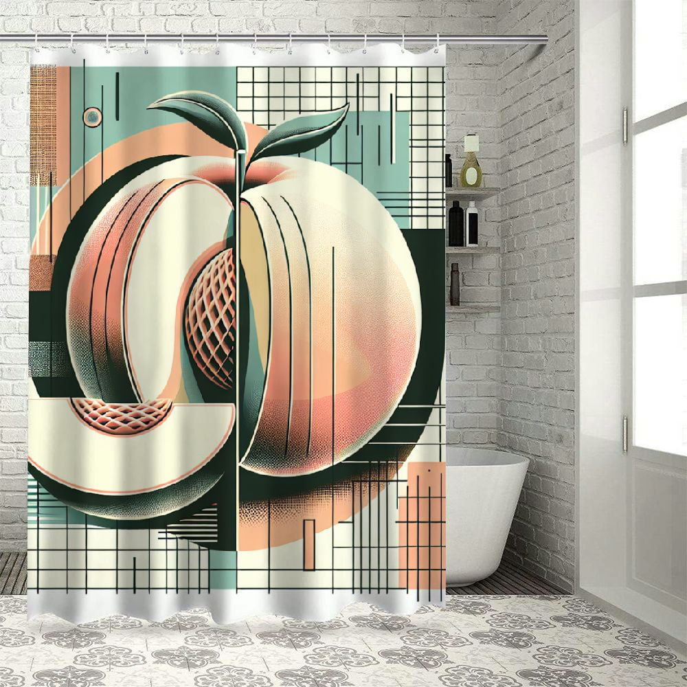 Shangniulu Peach Shower Curtain, Watercolor Painted Look Fruits on Simplistic Geometric ...