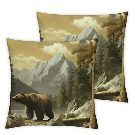 Shangniulu Pillow Case Grizzly Bear in Rocky Wild Mountains Trees Soft Decorative Set of 2,Square Home Decor Pillow Covers for Sofa Bedroom Car Couch