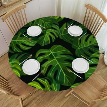 Shangniulu Round Table Cover Green Monstera Leaves Elastic Tablecloth Fitted Table Cover Fits Tables White