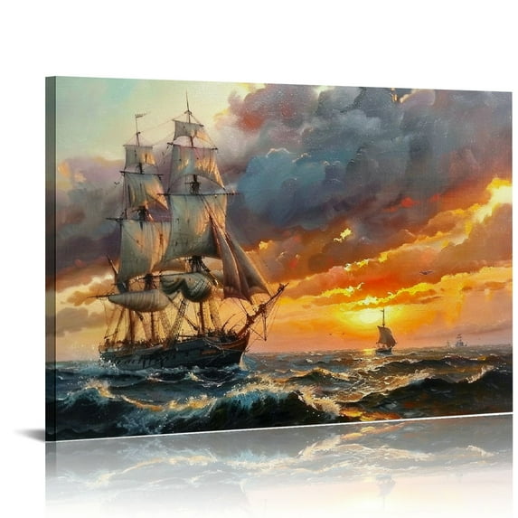 Shangniulu Sailboat Wall Art Framed Vintage Seascape With Sailing Boats In The Sunset Famous Painting Wall Art Canvas Prints Wall Decor