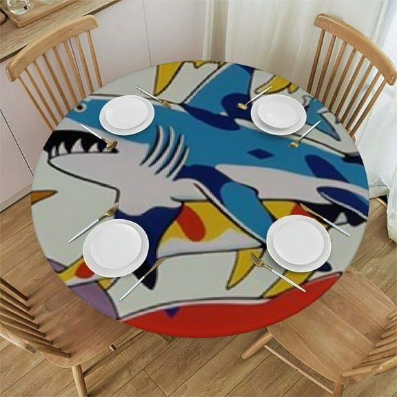 Shangniulu Shark Sailing Print Round Tablecloth,Kitchen Dining Tabletop Cover Decorative Table Cloths for Home,Wedding,Banquet White