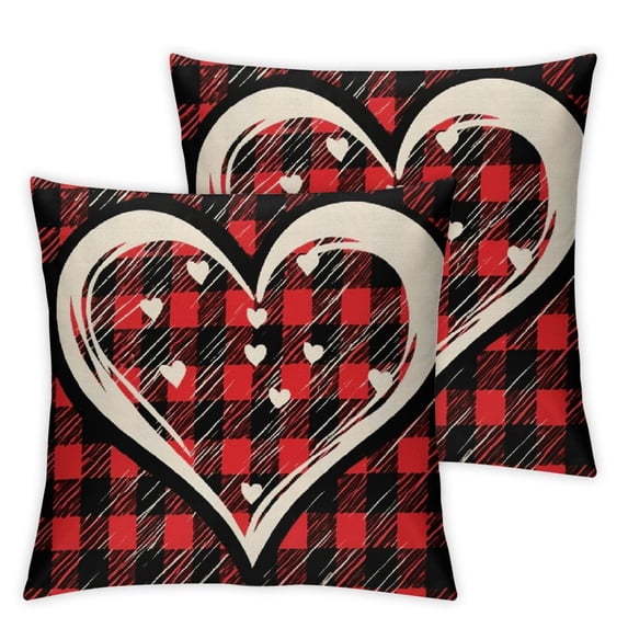Shangniulu Valentines Pillow Covers 18x18 Inch 2 Pcs, Red Black Buffalo Plaid Love Hearts Decorative Throw Pillows for Couch, Valentine's Day Outdoor Decor Pillowcase Linen Cushion Cover for Bed Sofa