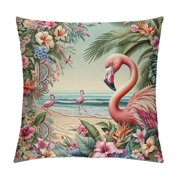 Shangniulu Vintage Christmas Style Farmhouse Pillow Cover Flamingos Wear Santa Hats Decoraive Home Cushion CoverFlowers Outdoor Decor for Sofa Couch Pillowcase (Winter Flamingo) White