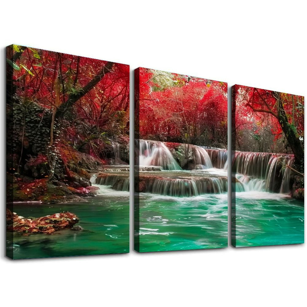 Shangniulu Waterfall Landscape Painting Framed Red Trees Forest Canvas ...