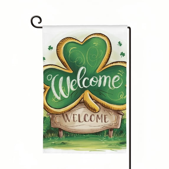 Shangniulu Welcome St. Patrick's Day Clover Garden Flag Double Sided, Black White Buffalo Plaid Check Decorative Yard Outdoor Home Small Decor, Gold Farmhouse Outside Decoration 12 x 18 White