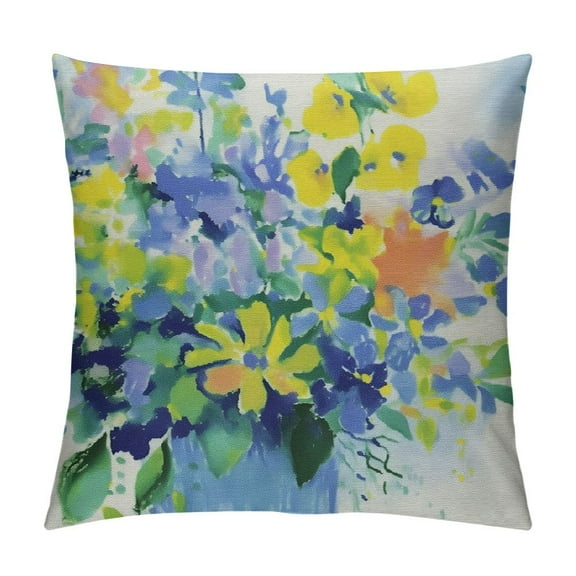 Shangniulu Yellow and Blue Throw Pillow Cushion Cover, Spring Flower Watercolor Vibrant Blooms Design, Decorative Square Accent Pillow Case 12x12in