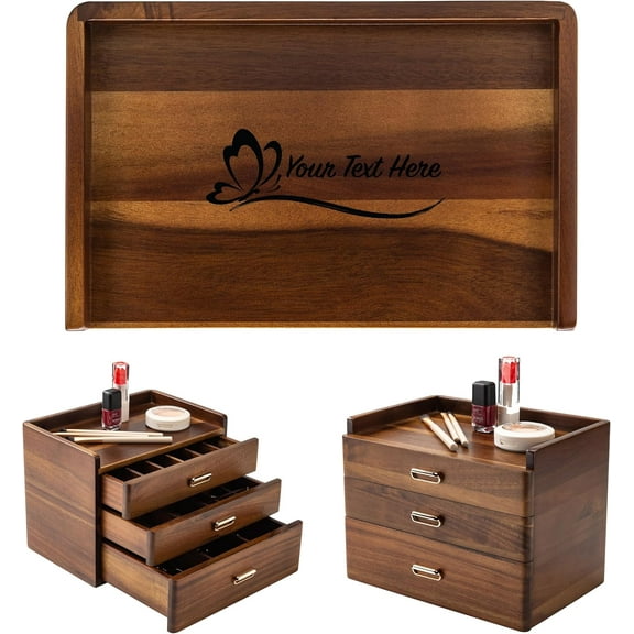 Shanik Personalized Wooden Jewelry Box with Three Drawers, Large Organizer for Women's Jewelry Collection - Rings, Necklaces, Earrings Compartments