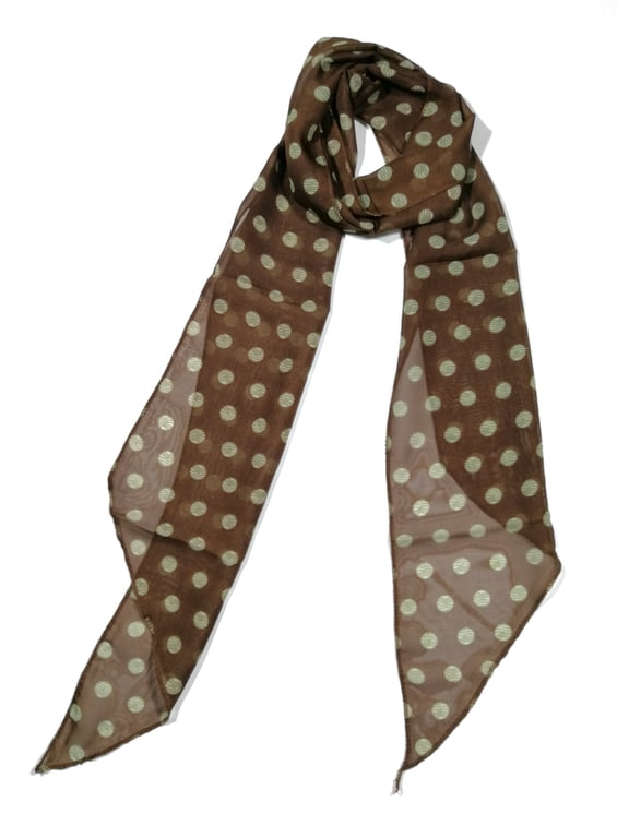 Vintage Polka Dot Chiffon Skinny Scarf – Lightweight Retro Long Ribbon for Neck, Hair, Hat (Brown, 70.8 x 9 IN)