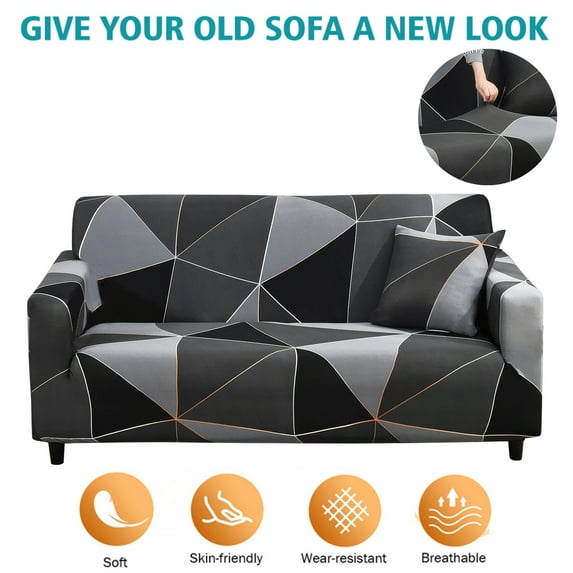 Shanna Stretch Sofa Slipcover Printed Sofa Covers for 1/2/3/4 Seaters Cushion Couch Furniture Protector (Black & Gray,Sofa 4 Seater)