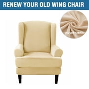 Shanna Stretch Velvet Fabric Wingback Chair Slipcover Armchair Covers 2-Piece Sofa Cover Furniture Protector for Living Room,Beige