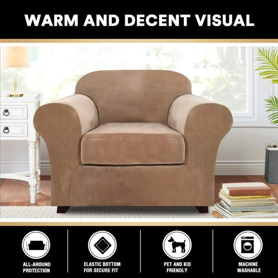 Shanna Velvet Stretch Armchair Covers, 2 Piece Chair Covers Furniture Protector Cushion Couch Cover Soft with Elastic Bottom (Leather color)