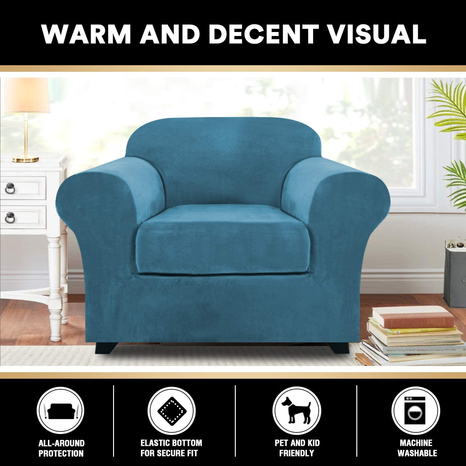 Turquoize Stretch Velvet Chair Cover - One Size Fits Most Armchairs 31-49", Black Velvet Slipcover With Elastic Bottom