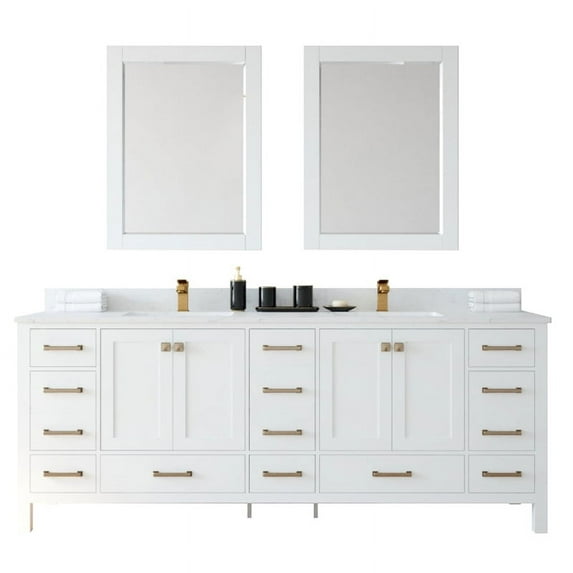 Shannon 84" Double Sink Bathroom Vanity White Stone Top in White with Mirror