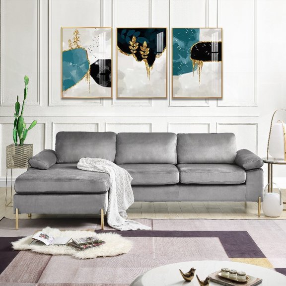Shannon Velvet Sectional Sofa with Chaise - Solid Wood & Brass Gold Legs, Plush Velvet