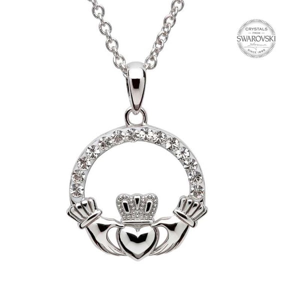 Shanore Women's Swarovski Crystals Sterling Silver Claddagh Irish Pendant
