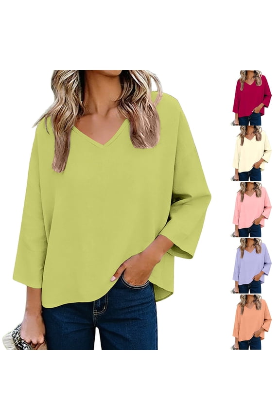 3/4 Sleeve Tops for Women Loose Fit V Neck Tunic Shirts Summer Curve Hem Boxy T-Shirt
