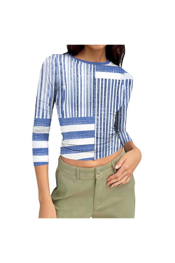 3/4 Sleeve Tops for Women Tight Crew Neck Crop Top Slim Fit Three Quarter Sleeve Casual T Shirt