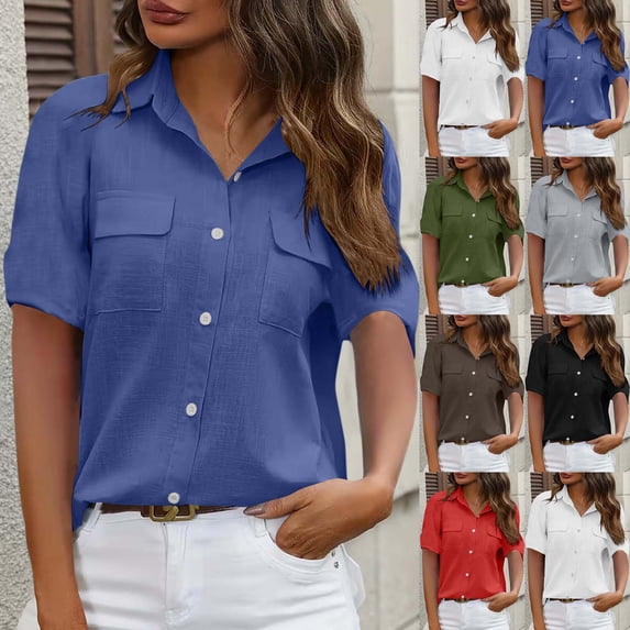 ShaoRunShi Button Down Shirt for Women Short Sleeve Loose Collared V Neck Tunics Summer Tops Work Casual Business Blouses with Pockets