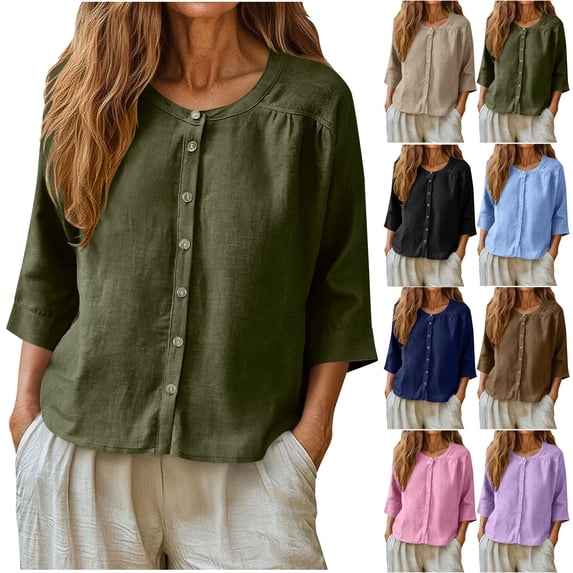 ShaoRunShi Linen Shirts for Women 3/4 Sleeve Button Down Crop Tops Loose Fit Crewneck Summer Shirt