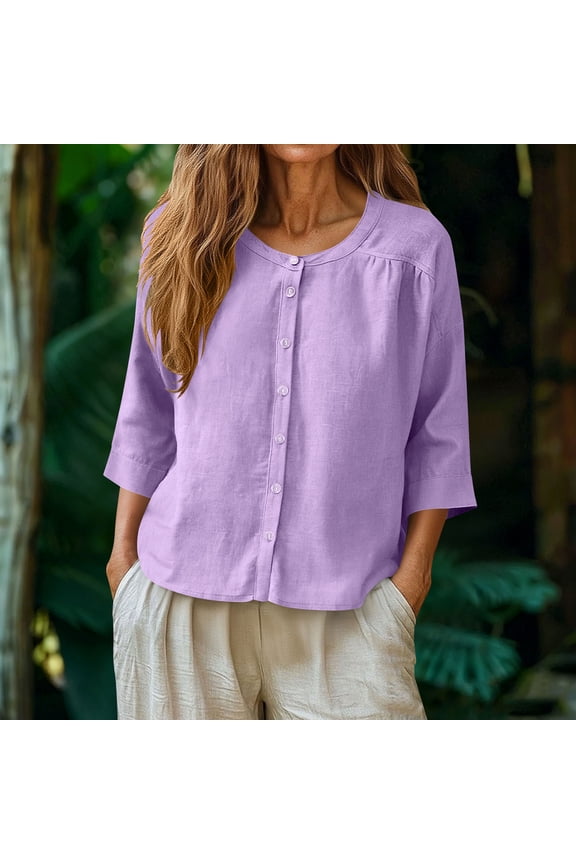 Linen Shirts for Women 3/4 Sleeve Button Down Crop Tops Loose Fit Crewneck Summer Shirt