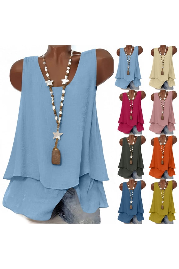 Linen Tank Tops for Women Sleeveless Flowy Double Layers Boho Tops Summer Vacation Blouse Shirt