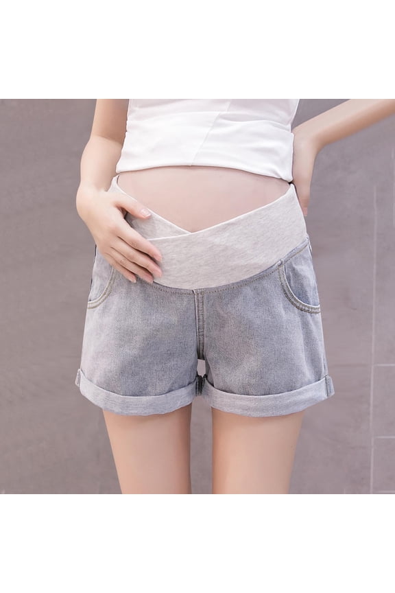 Maternity Jean Shorts Under Belly Cross Waist Pregnancy Shorts Roll Hem Denim Shorts with Pockets