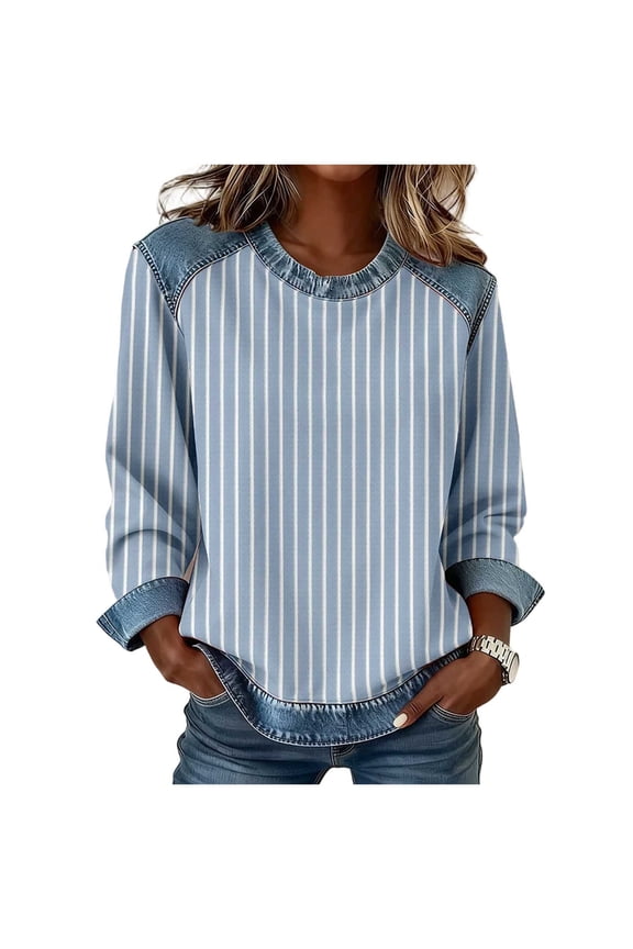 Plus Size Long Sleeve Shirts for Women Loose Fit Patchwork Denim Shirt Striped Crewneck Pullover Tops