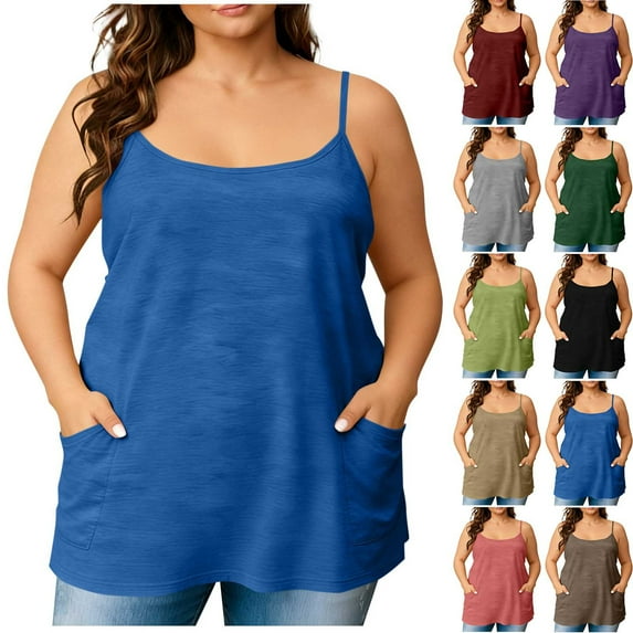 ShaoRunShi Plus Size Tank Tops for Women Sleeveless Adjustable Spaghetti Strap Tank Top Loose Fit Summer Camisoles with Pockets