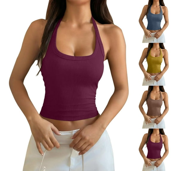 ShaoRunShi Sleeveless Halter Tops for Women Backless Stretchy Ribbed Tank Tops Sleeveless Summer Camisole Crop Top