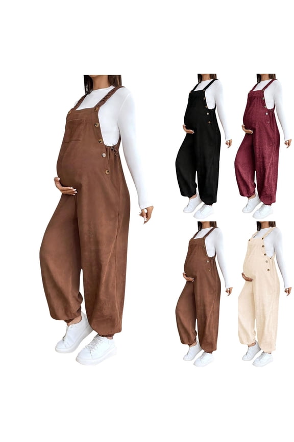 Women's Corduroy Maternity Overalls Sleeveless Adjustable Waist Loose Harem Bib Jumpsuits Bagggy Pregnancy Jumpsuits