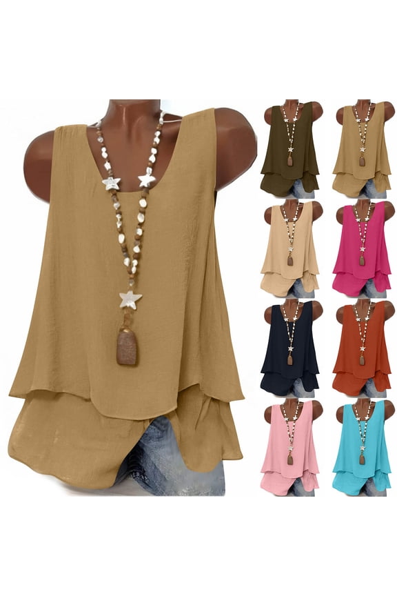 Women's Linen Tank Top Sleeveless Double Layers Flowy Blouse Loose Round Neck Casual Boho Tops