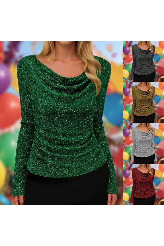 Women's Long Sleeve Sparkly Tops Glitter Evening Cocktail Party Cowl Neck Blouses Dressy Casual Slimming Shirts