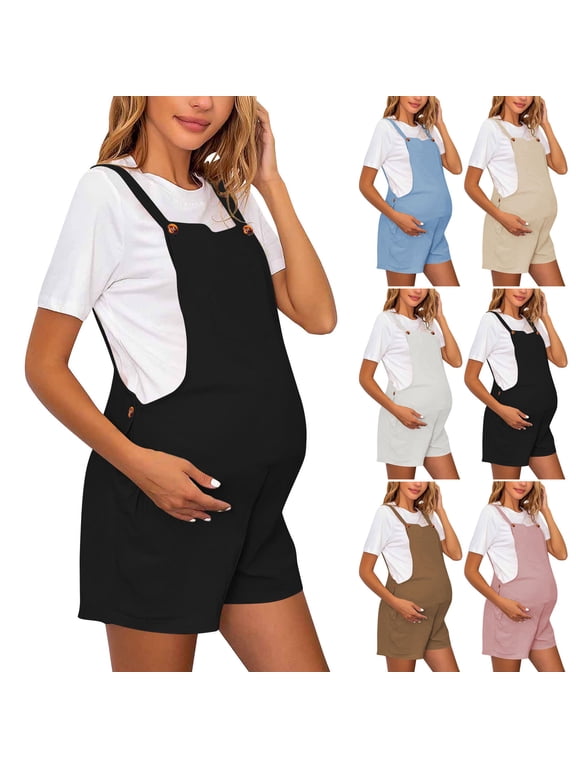 Women's Maternity Overall Shorts Tie Knot Strap Short Bib Jumpsuit Adjustable Waist Pregnancy Short Overalls